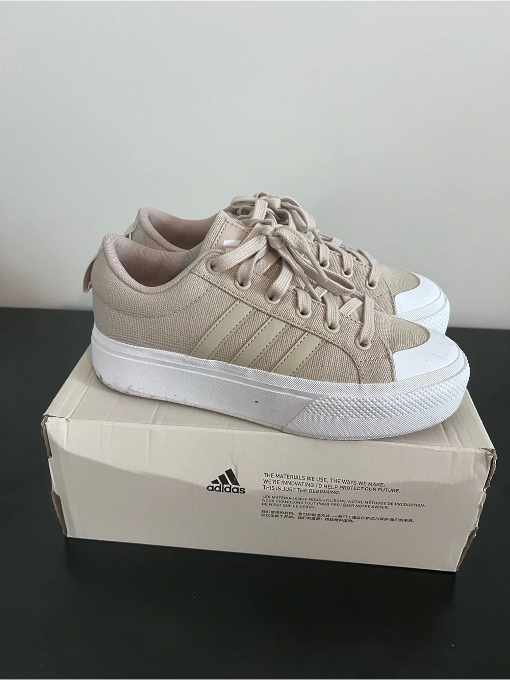 adidas Platform Canvas Sneakers in Light Beige and White